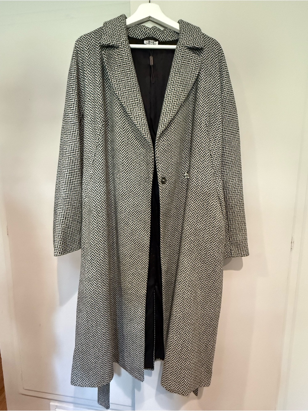 Woven Herringbone Long Coat - Gray/Black